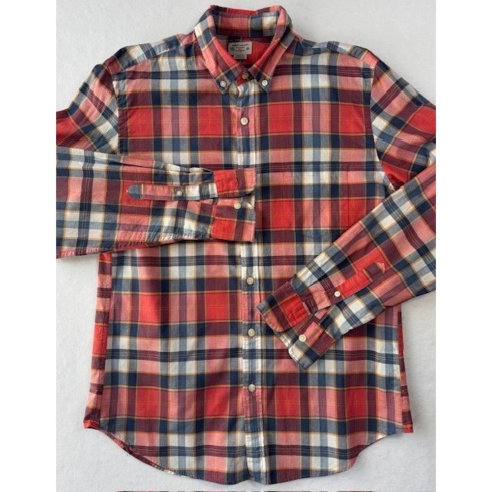J Crew Summer Plaid Shirt Mens MED Madras Plaid Cotton Button Down Long Sleeve - Picture 2 of 9